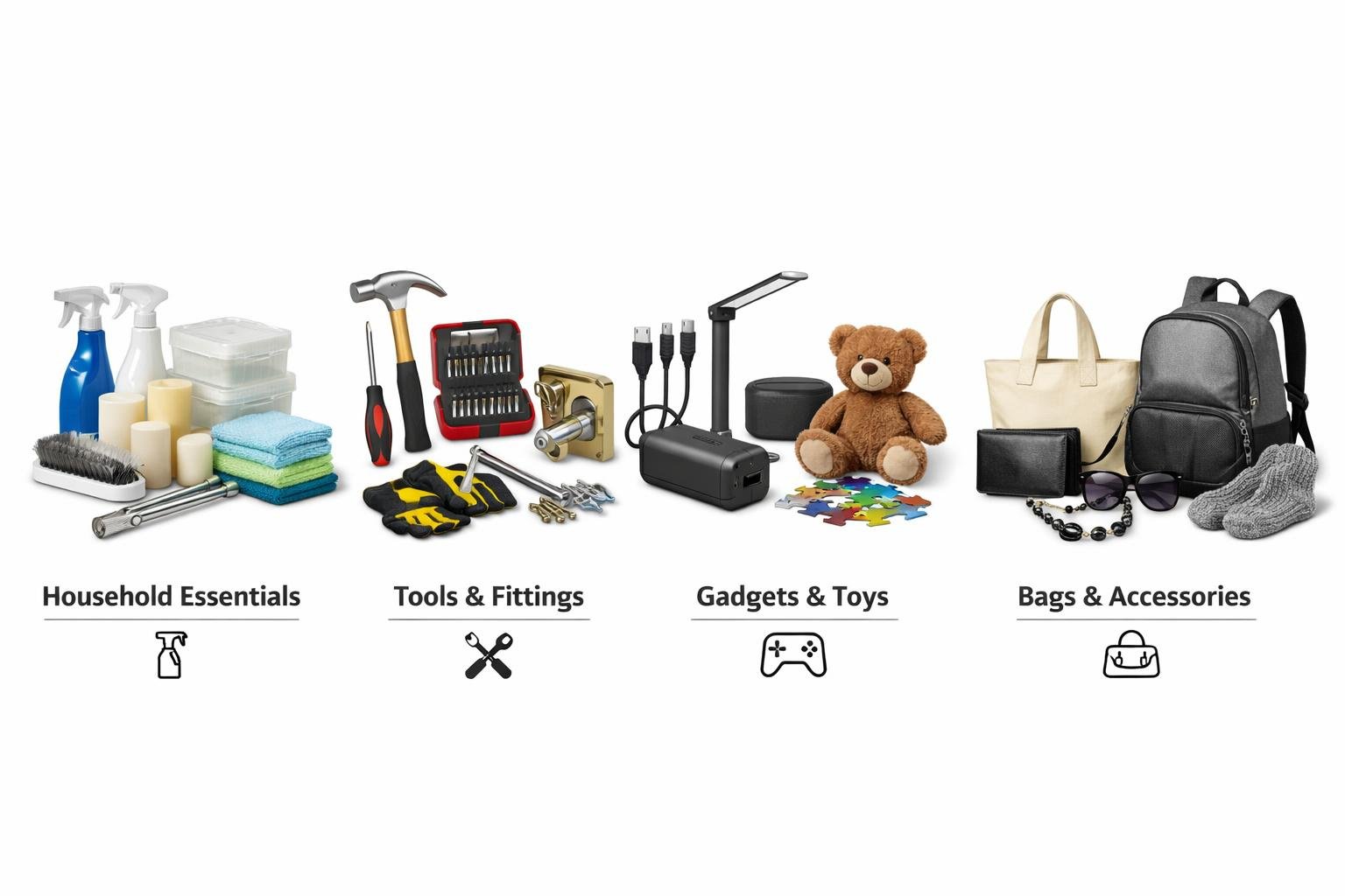 Expo product categories: Household Essentials, Tools & Fittings, Gadgets & Toys, Bags & Accessories