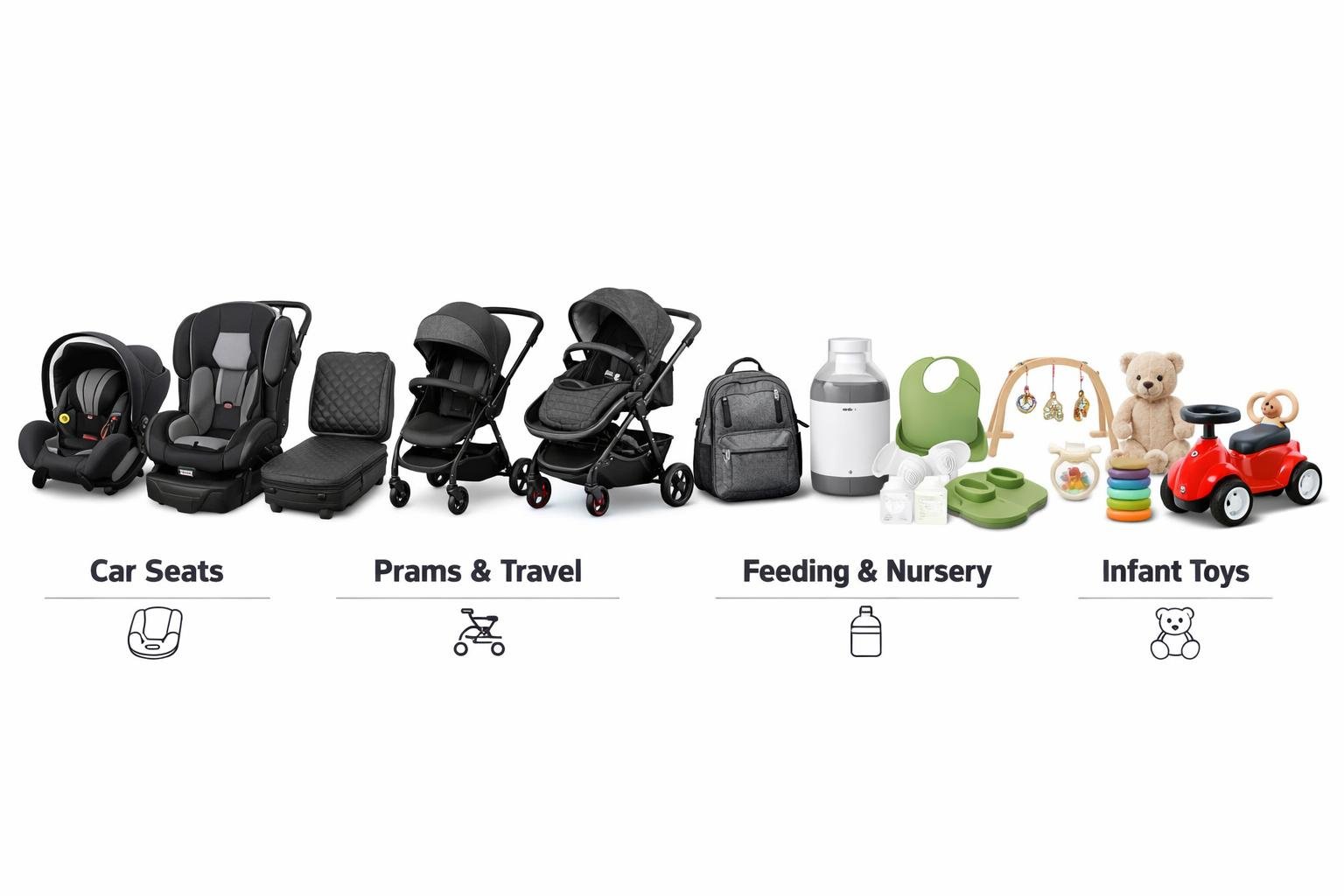 Expo product categories: Car Seats, Prams & Travel, Feeding & Nursery, Infant Toys