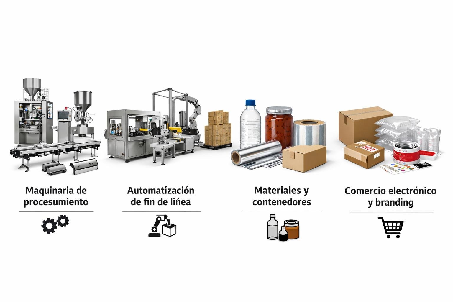 Expo product categories: Maquinaria de procesamiento, Automatización de fin de línea, Materiales y contenedores, Comercio electrónico y branding