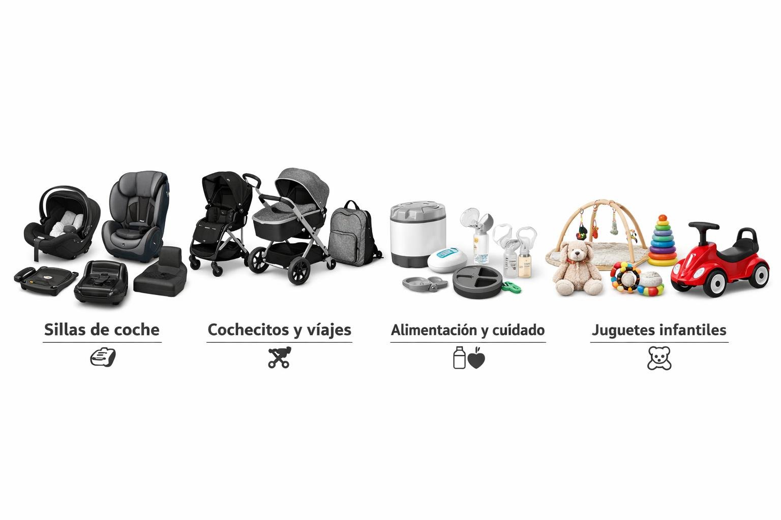 Expo product categories: Sillas de coche, Cochecitos y viajes, Alimentación y cuidado, Juguetes infantiles