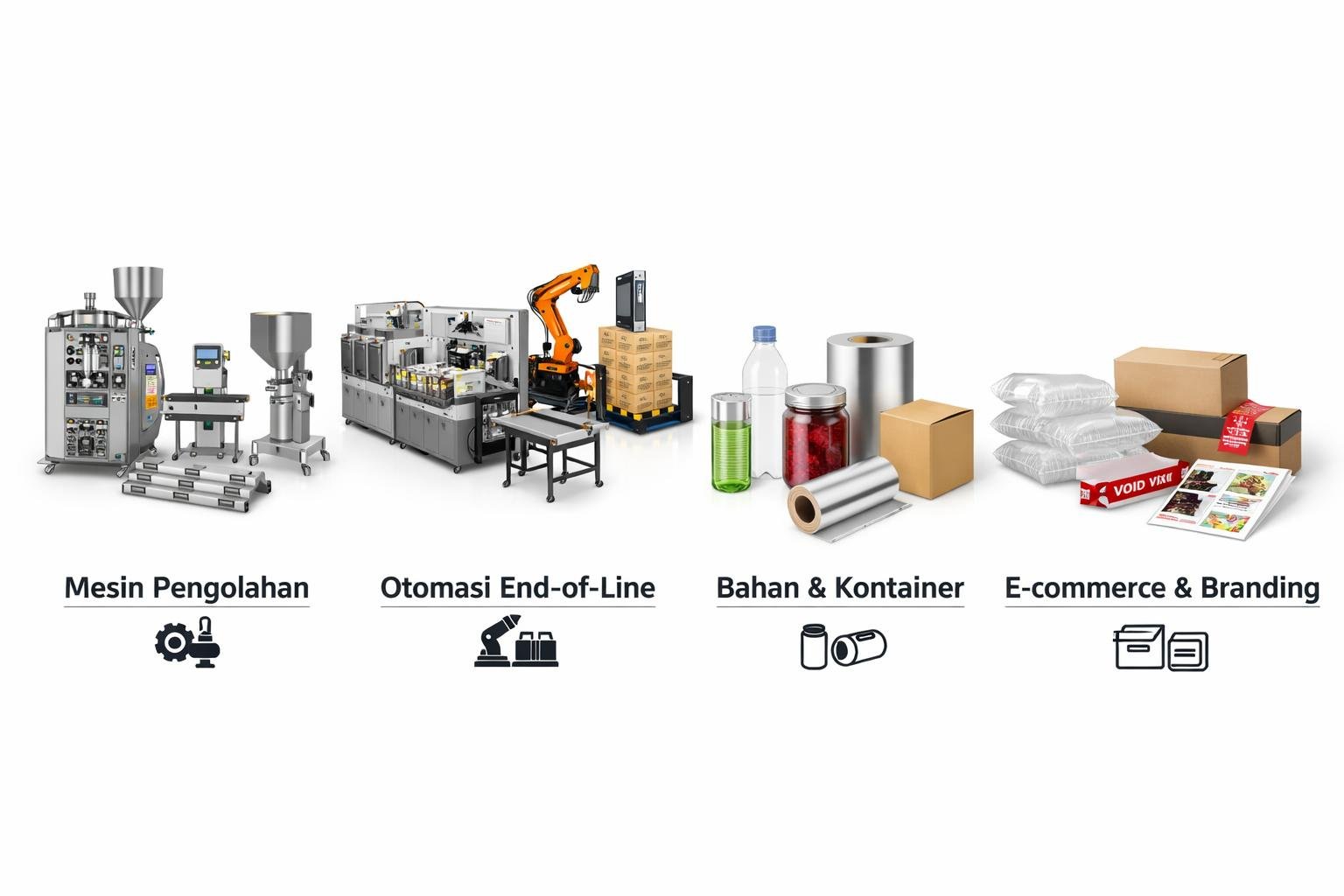 Expo product categories: Mesin Pengolahan, Otomasi End-of-Line, Bahan & Kontainer, E-commerce & Branding