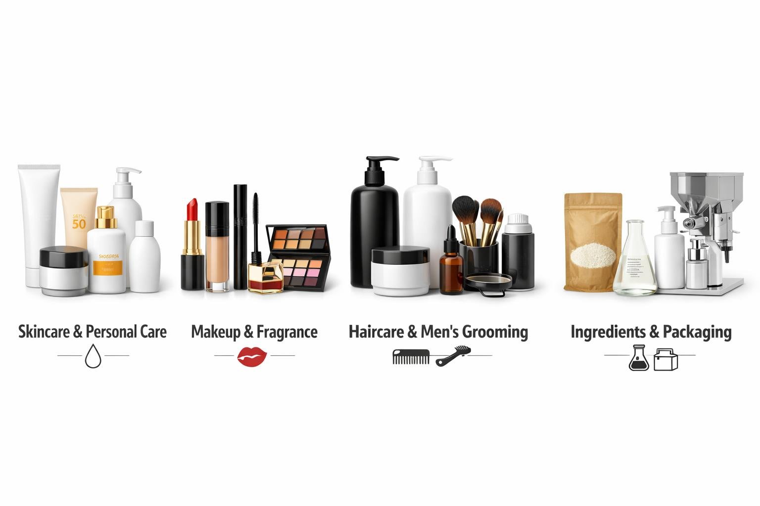 Expo product categories: Skincare & Personal Care, Makeup & Fragrance, Haircare & Men’s Grooming, Ingredients & Packaging