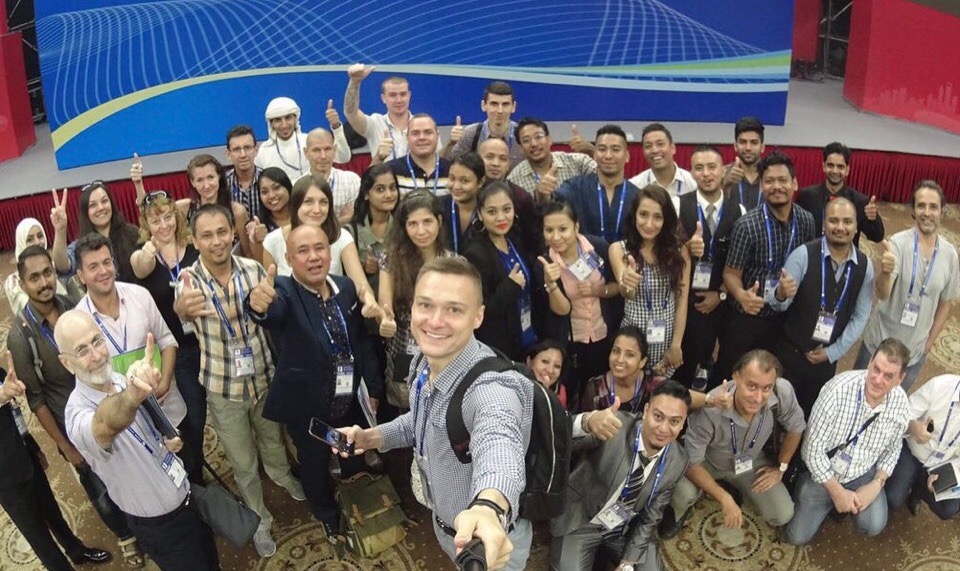 Expo trip group photo on stage